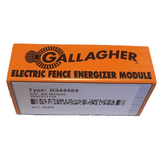 Orange box of Gallagher electric fence energizer module on a white background