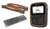 Gallagher tw-1 cattle scale indicator unit with an orange and black casing showing '245 kg' on its screen, alongside two packaged loadbars and a textured metal platform on a white background.